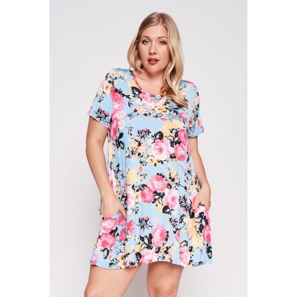 PINK ROSE WESTERN FLORAL BOHO PLUS MINI SWING DRESS POCKETS 1X 2X 3X TU… - Picture 2 of 4